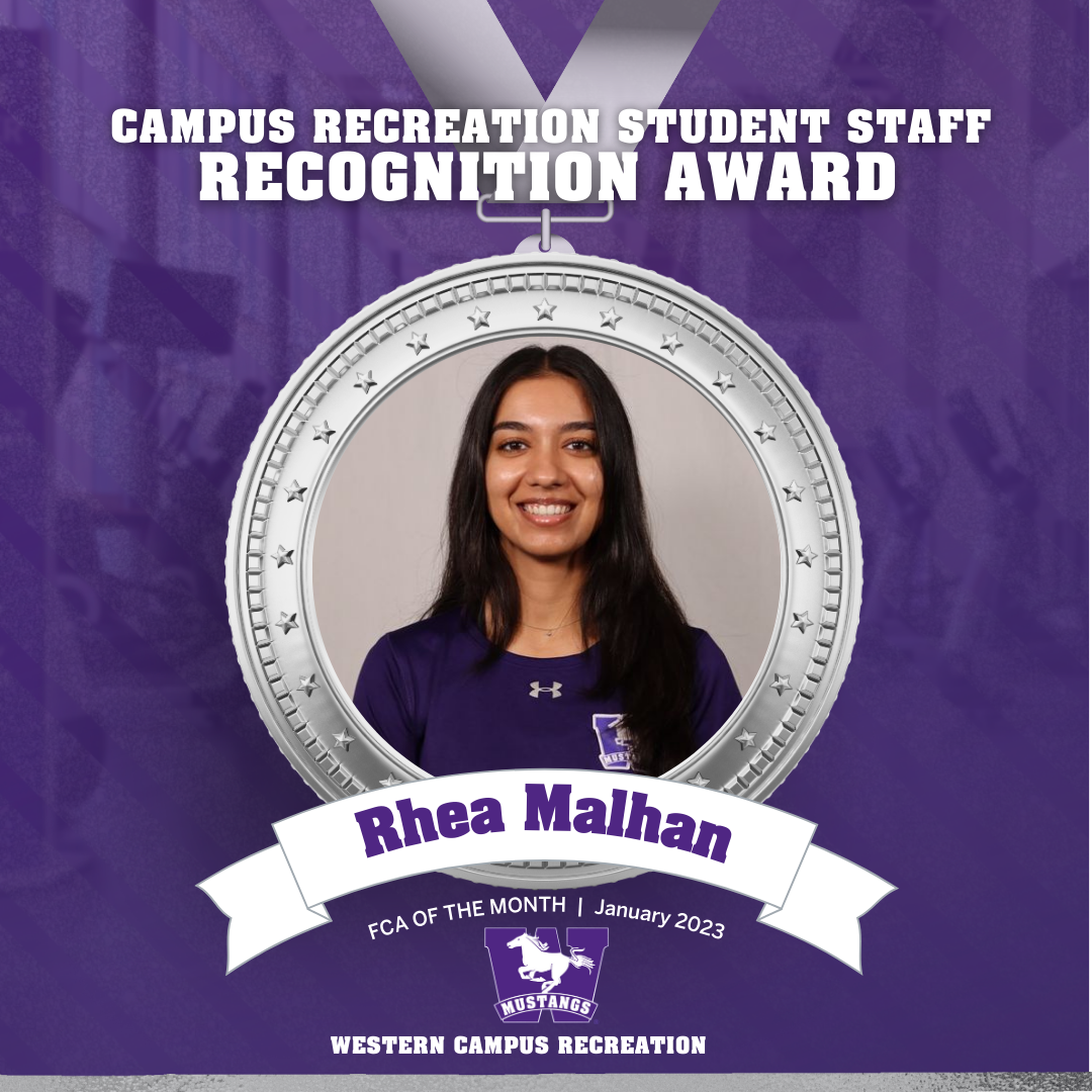 Head shot of Rhea Malhan inside a silver medal graphic with a mustangs purple background